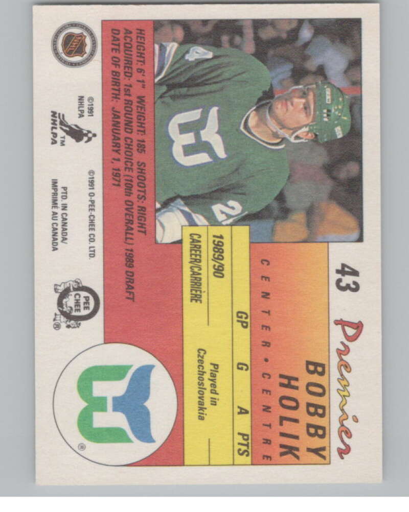 1990-91 OPC Premier #43 Bobby Holik  RC Rookie Hartford Whalers  V102781 Image 2