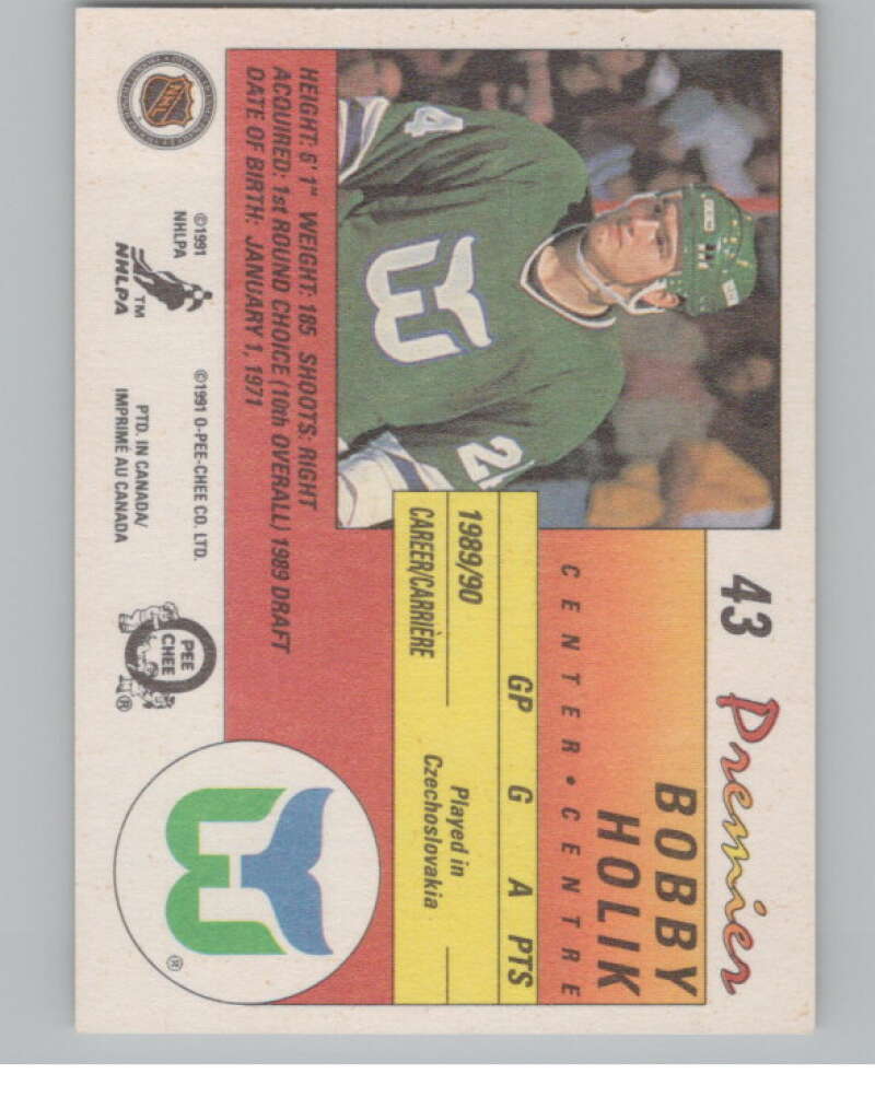 1990-91 OPC Premier #43 Bobby Holik  RC Rookie Hartford Whalers  V102782 Image 2