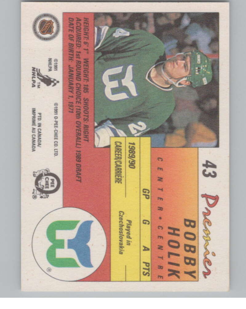 1990-91 OPC Premier #43 Bobby Holik  RC Rookie Hartford Whalers  V102783 Image 2