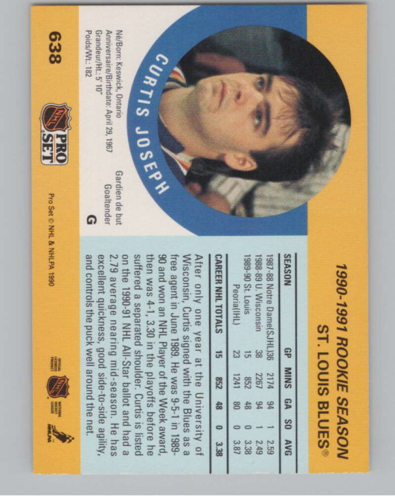 1990-91 Pro Set #638 Curtis Joseph  RC Rookie St. Louis Blues  V102787 Image 2