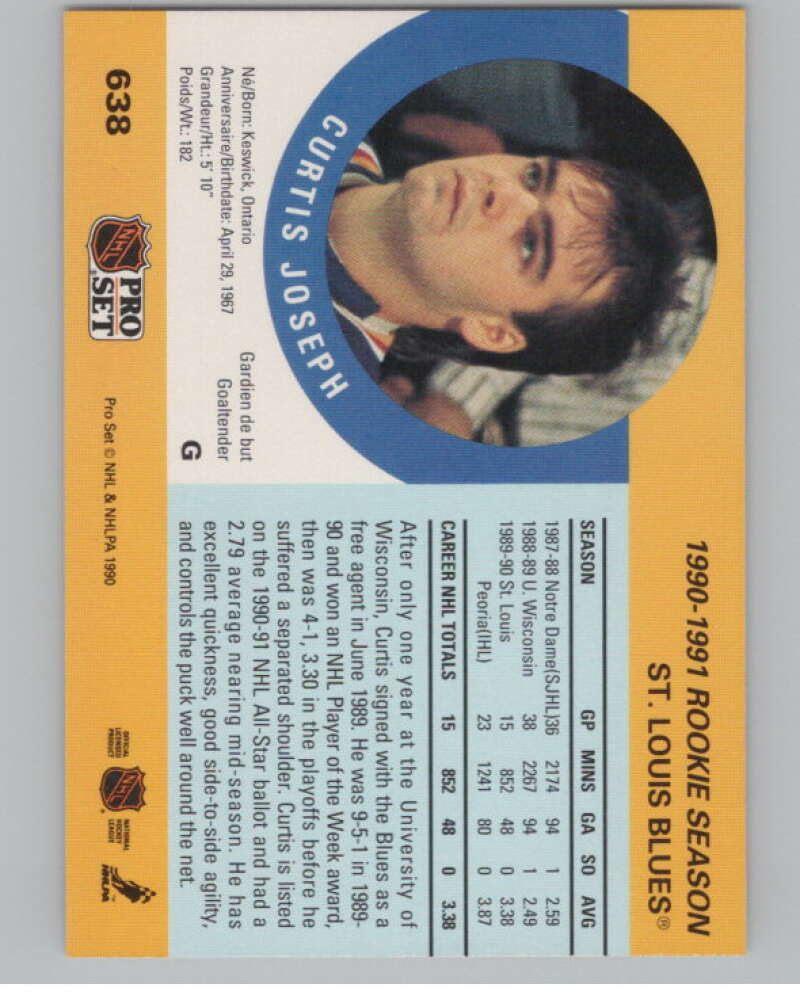 1990-91 Pro Set #638 Curtis Joseph  RC Rookie St. Louis Blues  V102788 Image 2