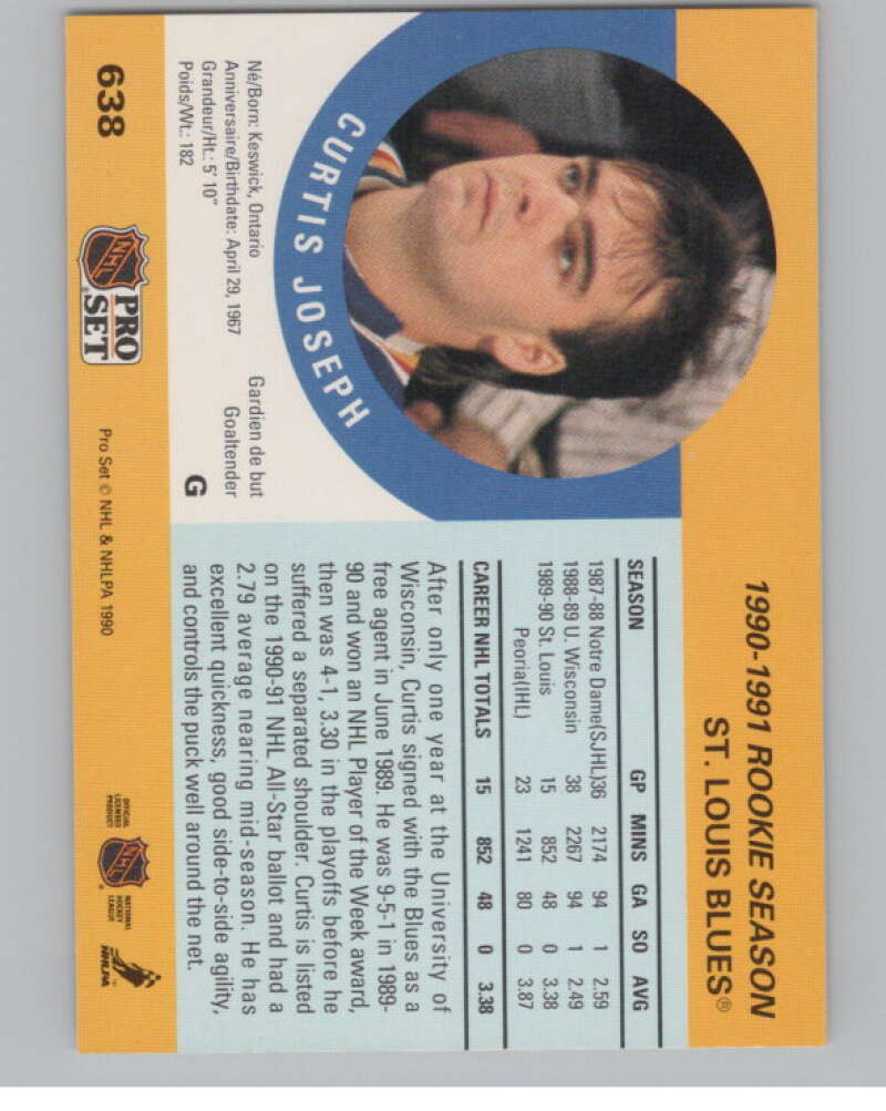 1990-91 Pro Set #638 Curtis Joseph  RC Rookie St. Louis Blues  V102790 Image 2