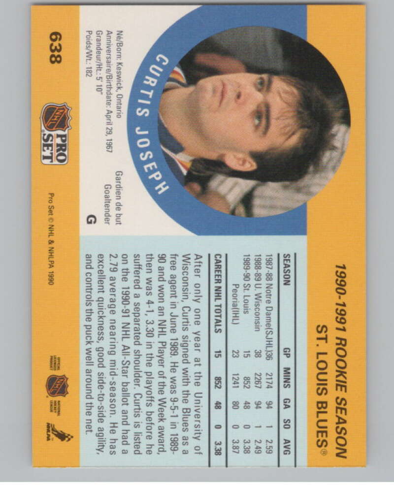 1990-91 Pro Set #638 Curtis Joseph  RC Rookie St. Louis Blues  V102791 Image 2