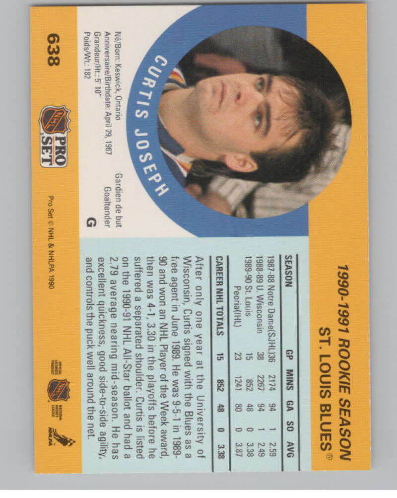 1990-91 Pro Set #638 Curtis Joseph  RC Rookie St. Louis Blues  V102793 Image 2