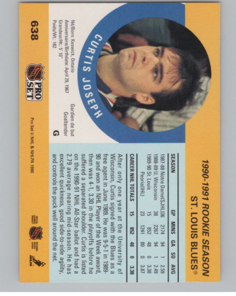 1990-91 Pro Set #638 Curtis Joseph  RC Rookie St. Louis Blues  V102794 Image 2