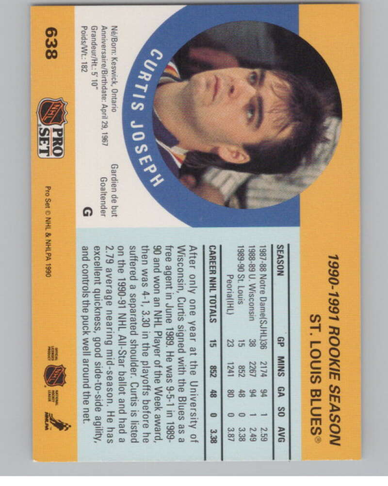 1990-91 Pro Set #638 Curtis Joseph  RC Rookie St. Louis Blues  V102795 Image 2
