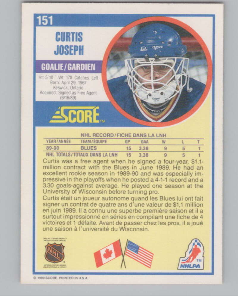 1990-91 Score Canadian #151 Curtis Joseph  RC Rookie St. Louis Blues  V102796 Image 2