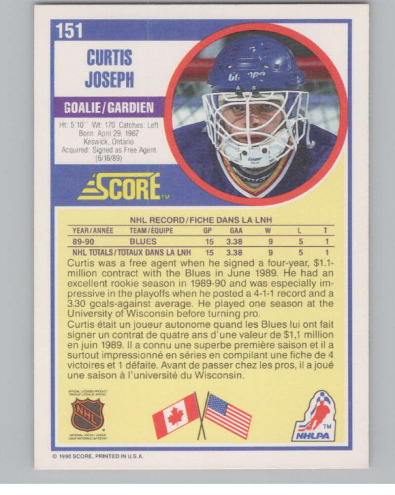 1990-91 Score Canadian #151 Curtis Joseph  RC Rookie St. Louis Blues  V102798 Image 2