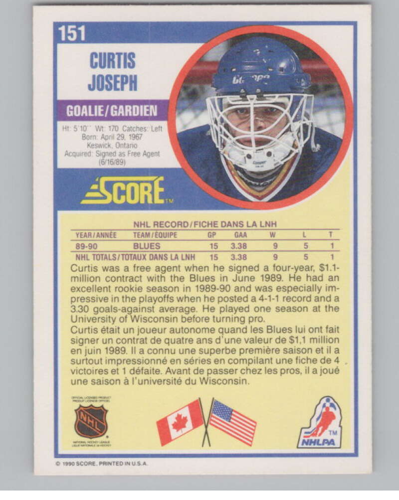1990-91 Score Canadian #151 Curtis Joseph  RC Rookie St. Louis Blues  V102799 Image 2