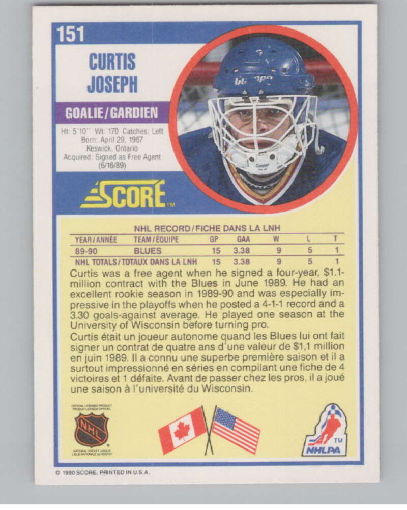 1990-91 Score Canadian #151 Curtis Joseph  RC Rookie St. Louis Blues  V102800 Image 2