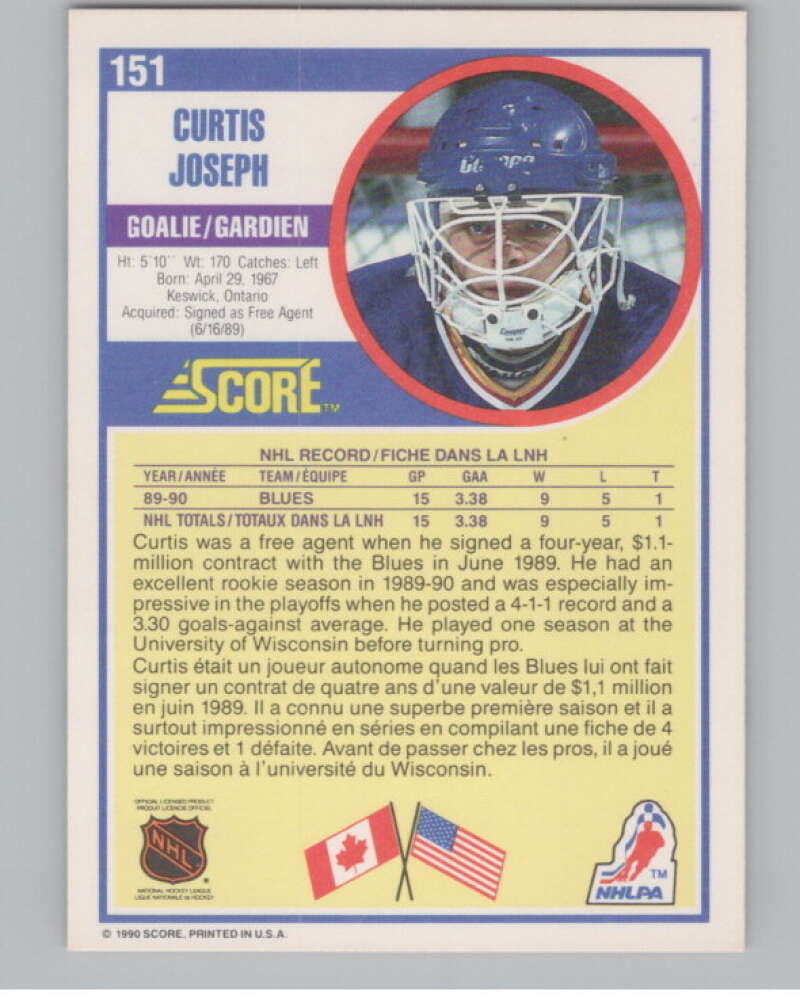 1990-91 Score Canadian #151 Curtis Joseph  RC Rookie St. Louis Blues  V102801 Image 2