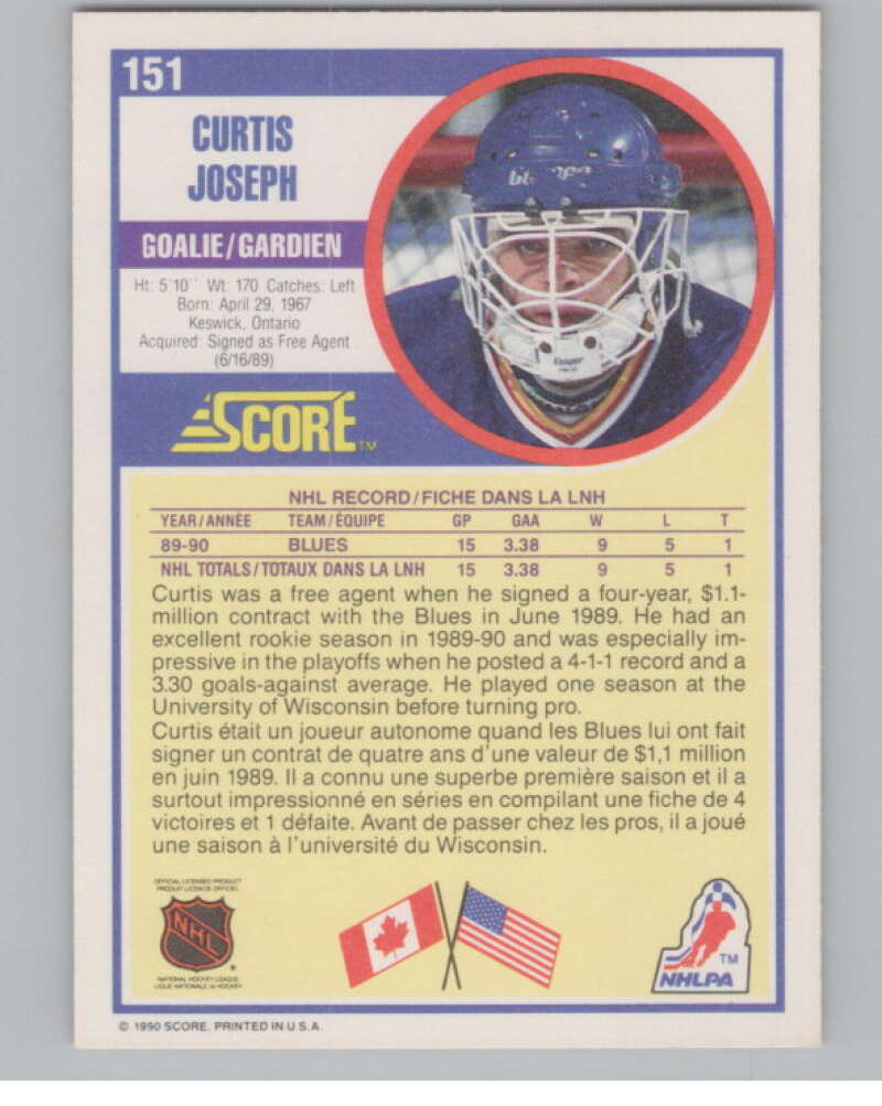 1990-91 Score Canadian #151 Curtis Joseph  RC Rookie St. Louis Blues  V102802 Image 2