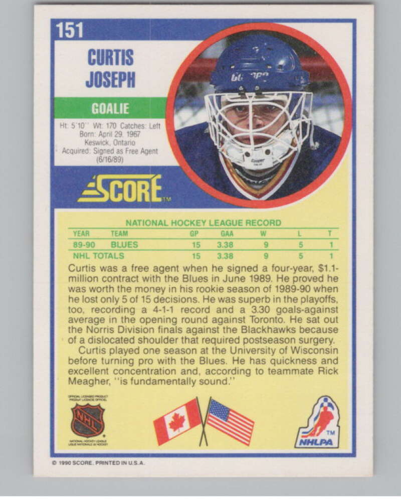 1990-91 Score #151 Curtis Joseph  RC Rookie St. Louis Blues  V102805 Image 2