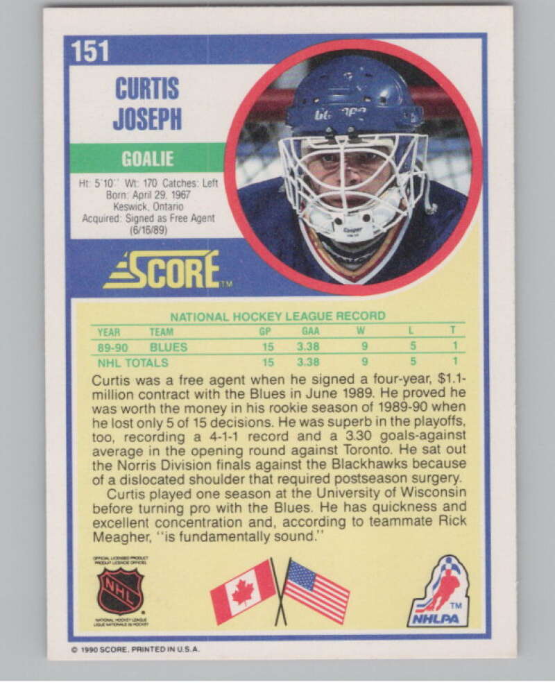1990-91 Score #151 Curtis Joseph  RC Rookie St. Louis Blues  V102806 Image 2