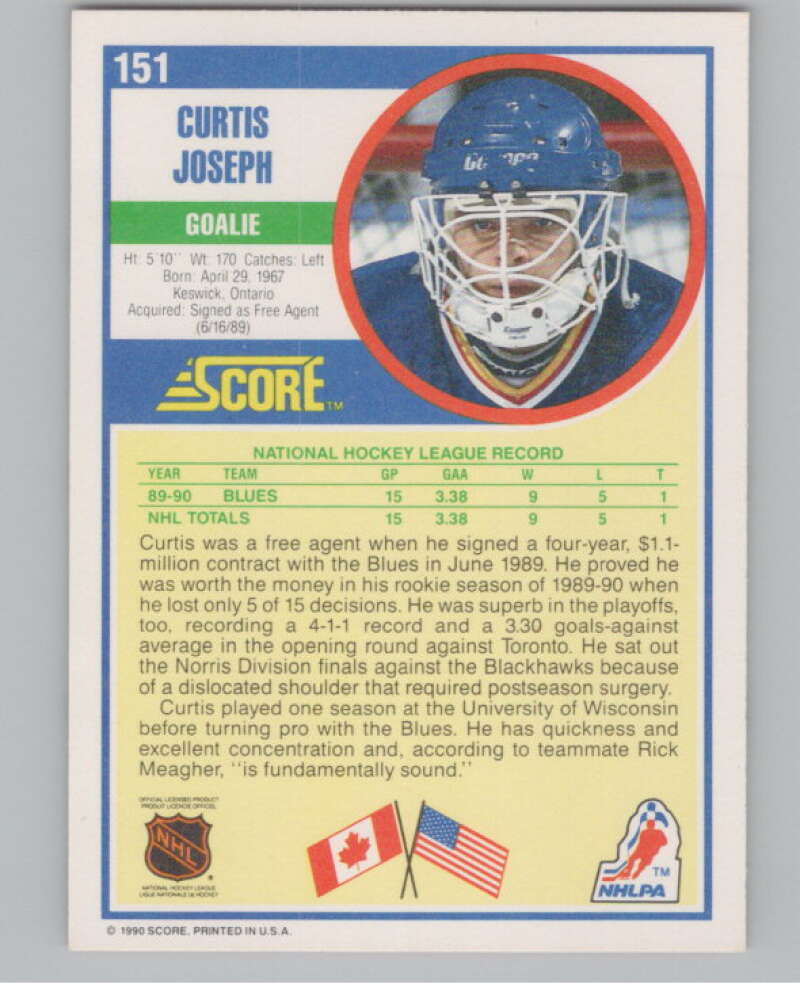 1990-91 Score #151 Curtis Joseph  RC Rookie St. Louis Blues  V102808 Image 2
