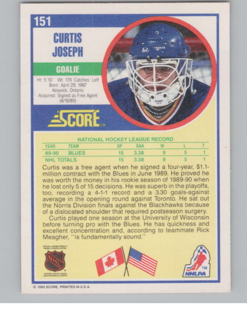 1990-91 Score #151 Curtis Joseph  RC Rookie St. Louis Blues  V102809 Image 2