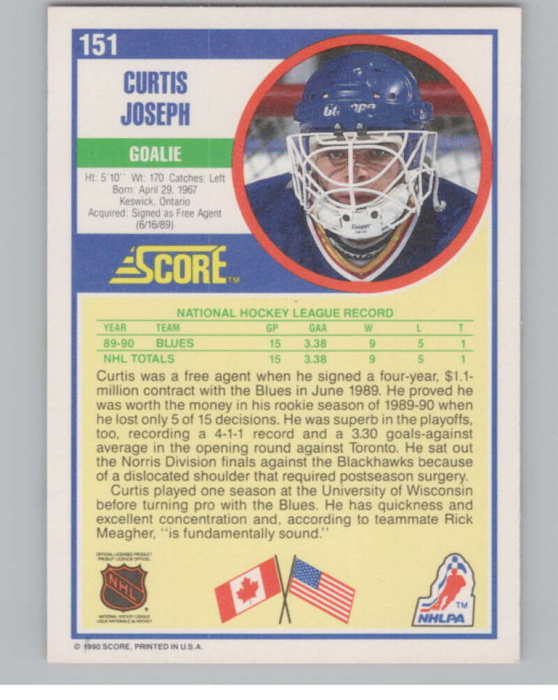 1990-91 Score #151 Curtis Joseph  RC Rookie St. Louis Blues  V102810 Image 2