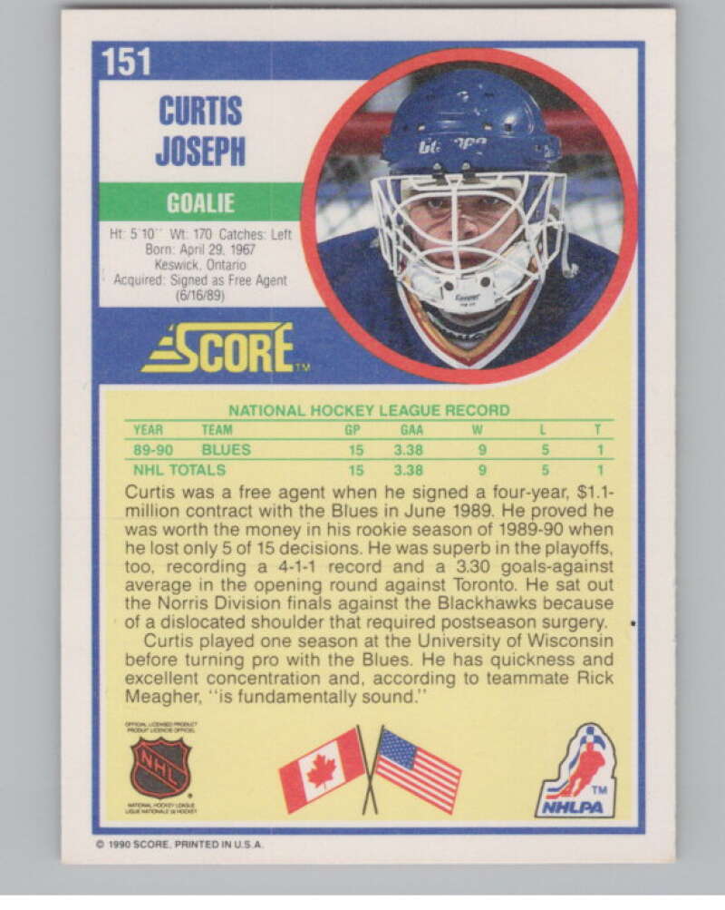 1990-91 Score #151 Curtis Joseph  RC Rookie St. Louis Blues  V102811 Image 2