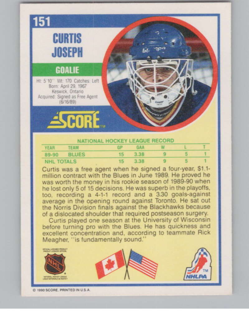 1990-91 Score #151 Curtis Joseph  RC Rookie St. Louis Blues  V102812 Image 2