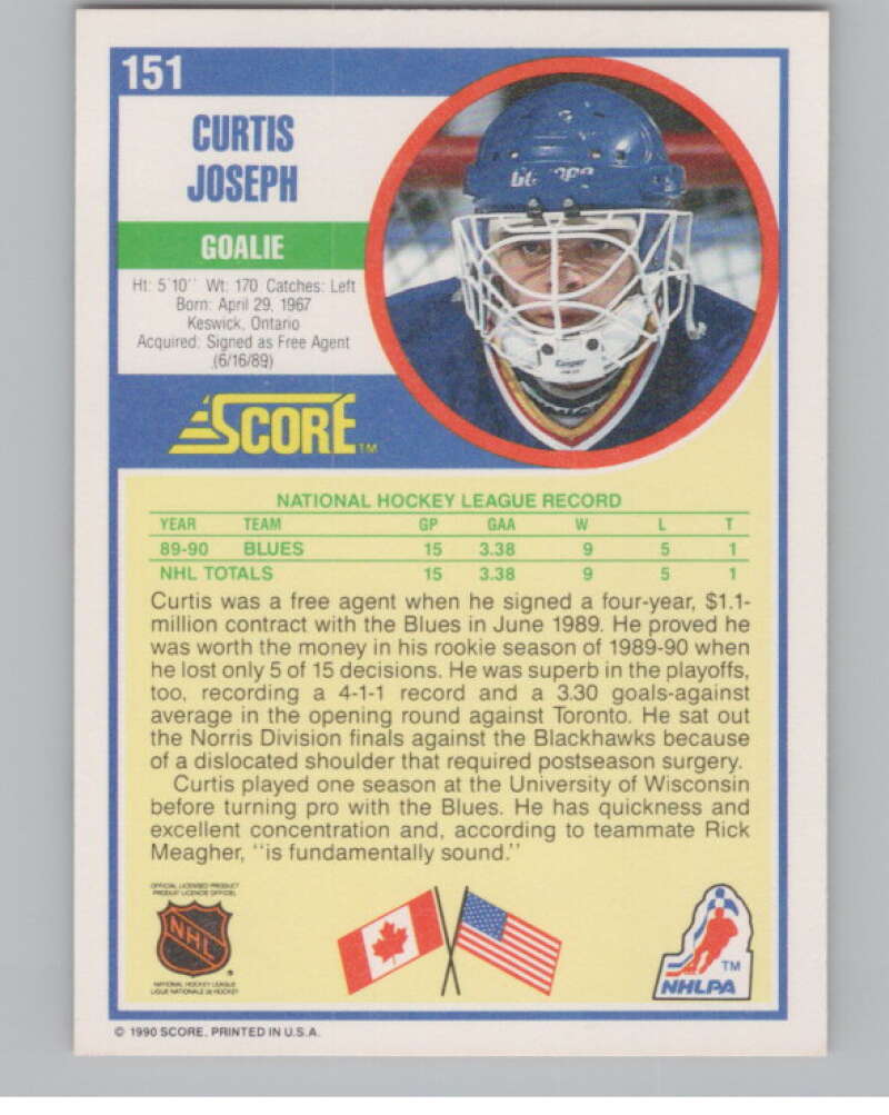 1990-91 Score #151 Curtis Joseph  RC Rookie St. Louis Blues  V102813 Image 2