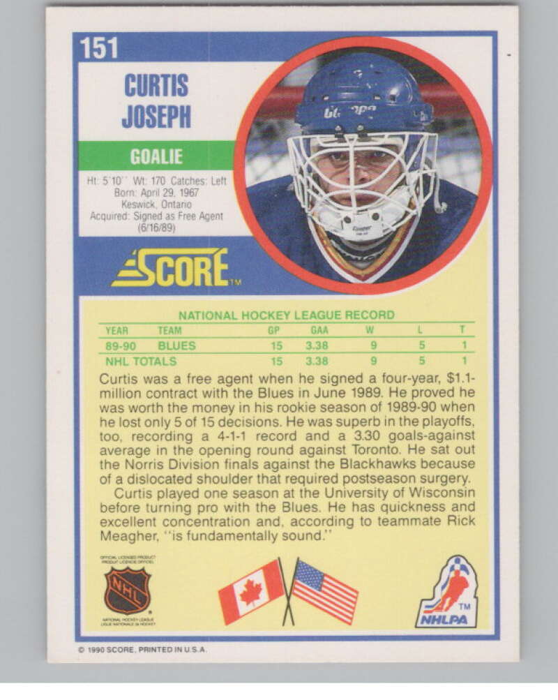 1990-91 Score #151 Curtis Joseph  RC Rookie St. Louis Blues  V102814 Image 2