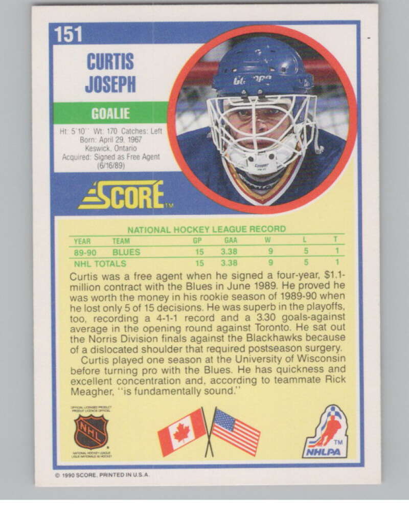 1990-91 Score #151 Curtis Joseph  RC Rookie St. Louis Blues  V102815 Image 2
