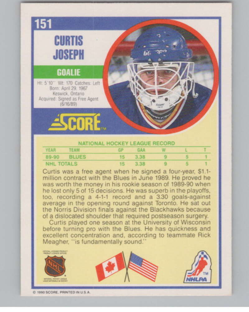 1990-91 Score #151 Curtis Joseph  RC Rookie St. Louis Blues  V102816 Image 2