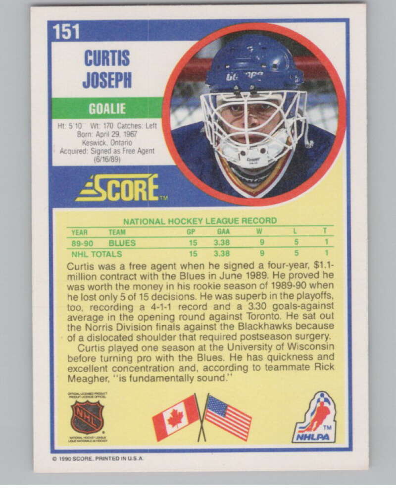 1990-91 Score #151 Curtis Joseph  RC Rookie St. Louis Blues  V102817 Image 2
