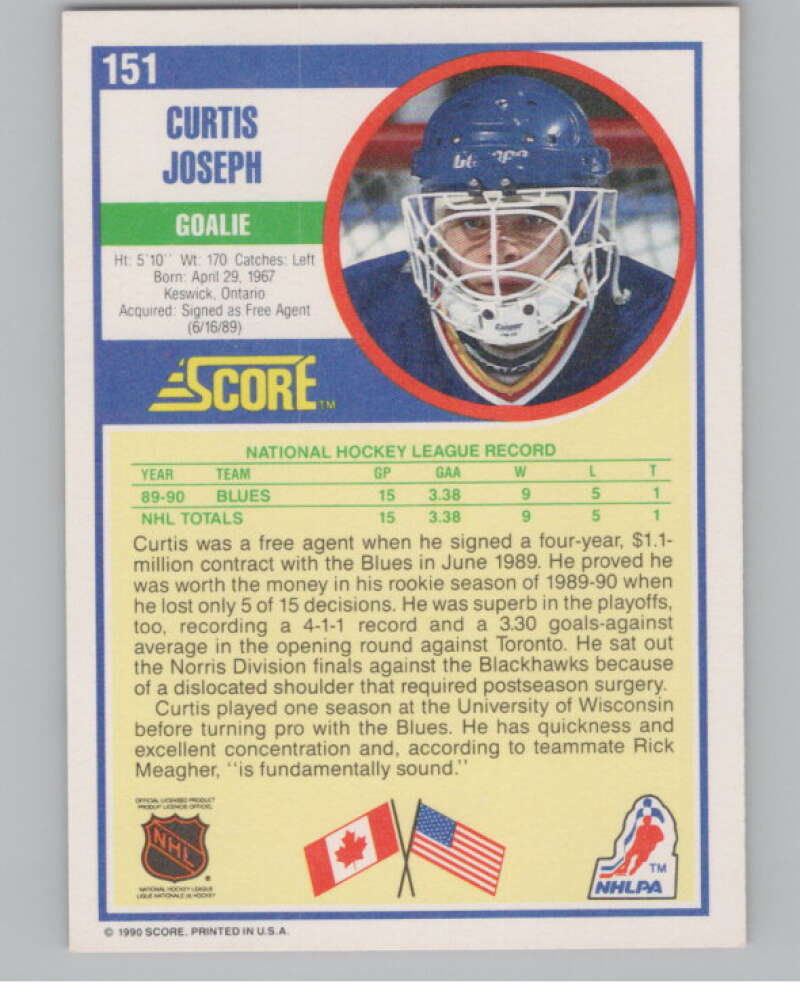 1990-91 Score #151 Curtis Joseph  RC Rookie St. Louis Blues  V102818 Image 2