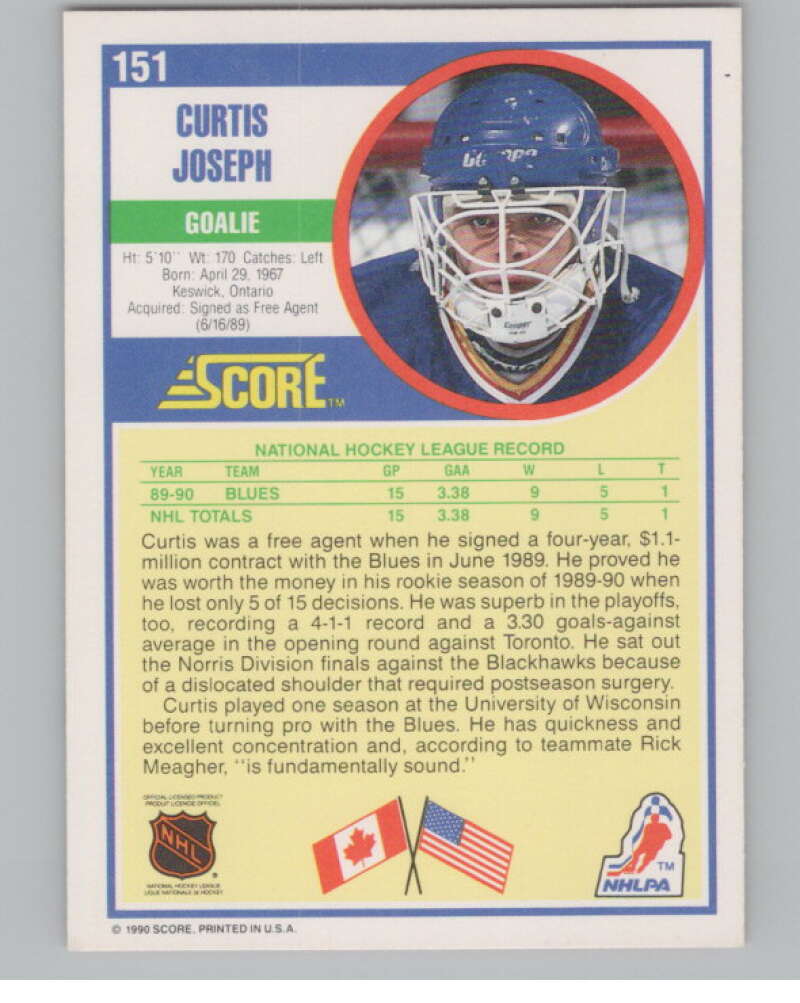 1990-91 Score #151 Curtis Joseph  RC Rookie St. Louis Blues  V102819 Image 2