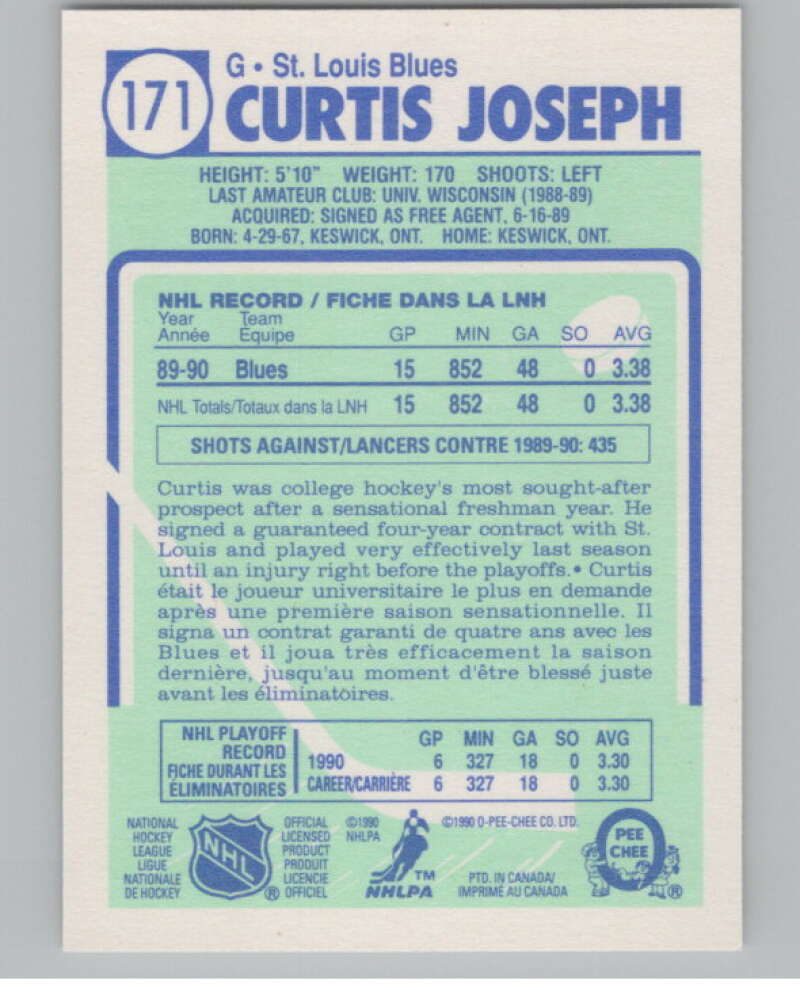 1990-91 O-Pee-Chee #171 Curtis Joseph  RC Rookie St. Louis Blues  V102823 Image 2