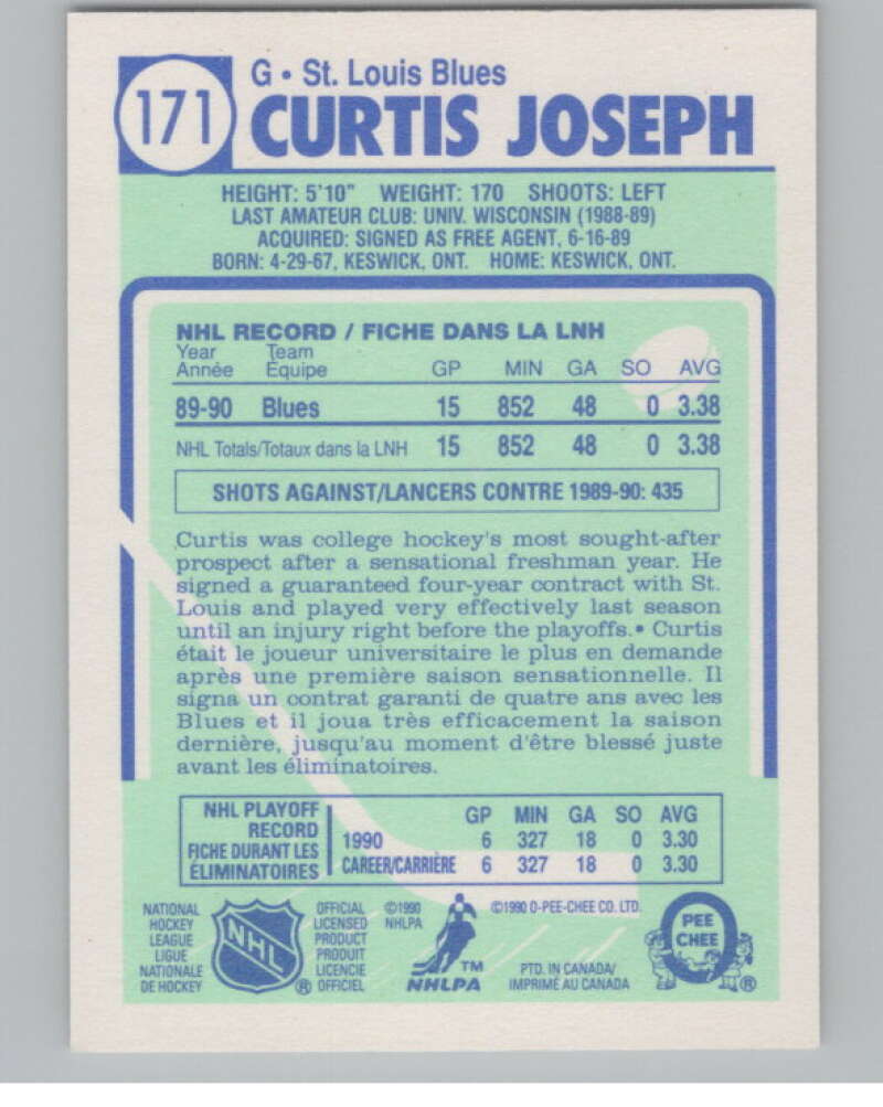 1990-91 O-Pee-Chee #171 Curtis Joseph  RC Rookie St. Louis Blues  V102824 Image 2