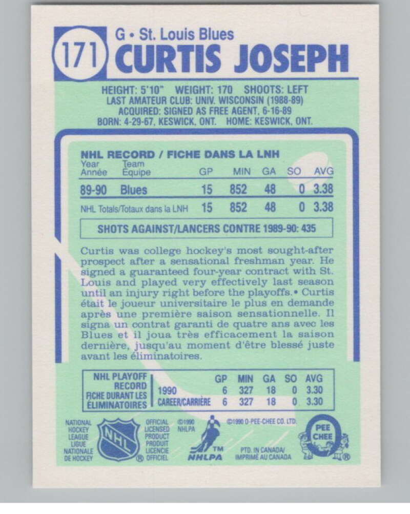 1990-91 O-Pee-Chee #171 Curtis Joseph  RC Rookie St. Louis Blues  V102827 Image 2
