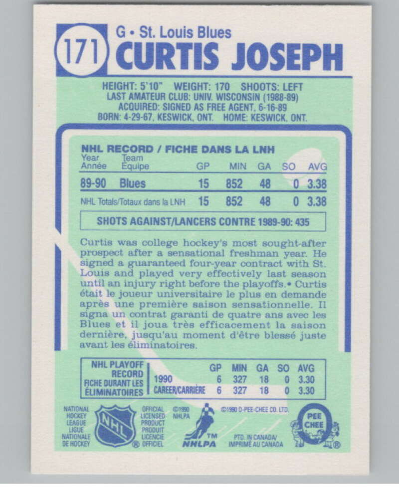 1990-91 O-Pee-Chee #171 Curtis Joseph  RC Rookie St. Louis Blues  V102828 Image 2