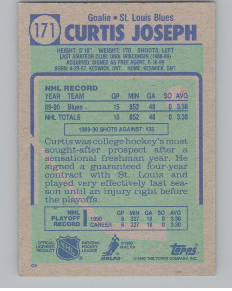 1990-91 O-Pee-Chee #171 Curtis Joseph  RC Rookie St. Louis Blues  V102829 Image 2