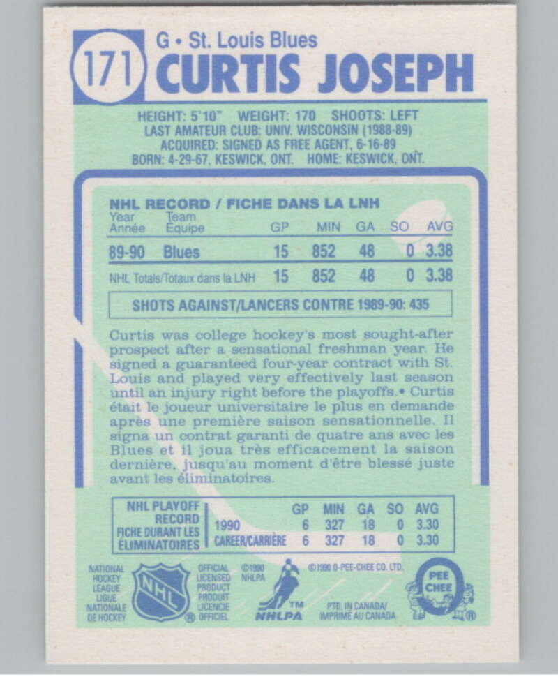 1990-91 O-Pee-Chee #171 Curtis Joseph  RC Rookie St. Louis Blues  V102830 Image 2
