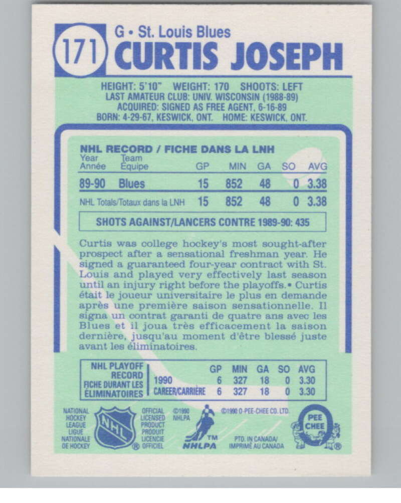 1990-91 O-Pee-Chee #171 Curtis Joseph  RC Rookie St. Louis Blues  V102831 Image 2