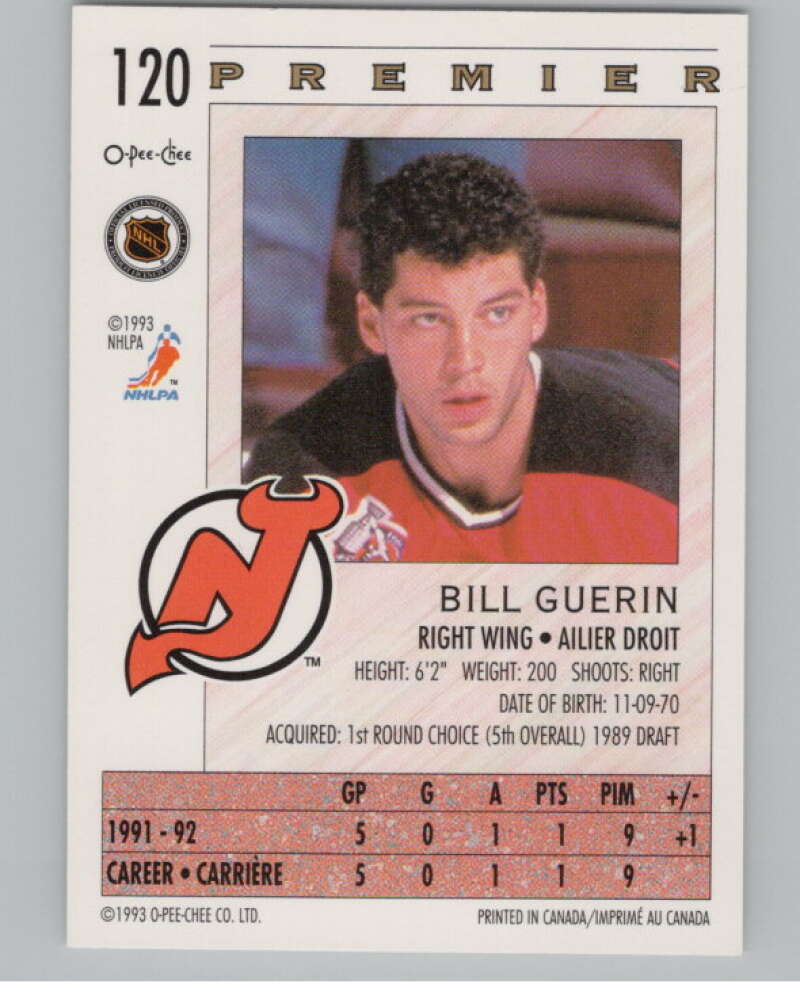 1992-93 OPC Premier #120 Bill Guerin  RC Rookie New Jersey Devils  V102832 Image 2