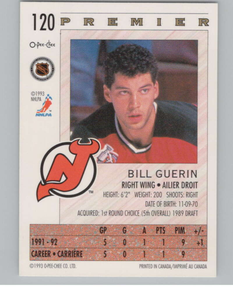 1992-93 OPC Premier #120 Bill Guerin  RC Rookie New Jersey Devils  V102834 Image 2