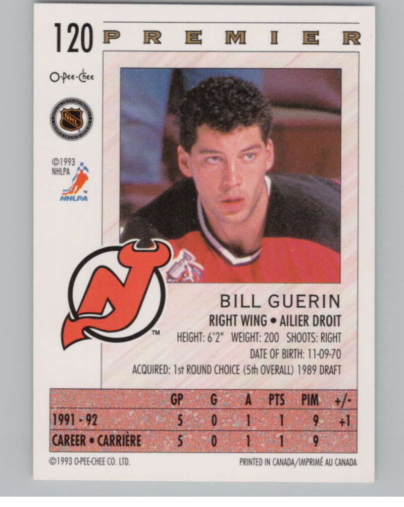 1992-93 OPC Premier #120 Bill Guerin  RC Rookie New Jersey Devils  V102835 Image 2