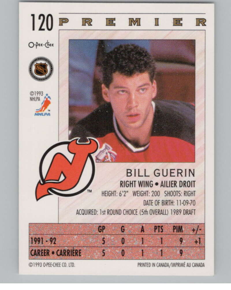 1992-93 OPC Premier #120 Bill Guerin  RC Rookie New Jersey Devils  V102836 Image 2
