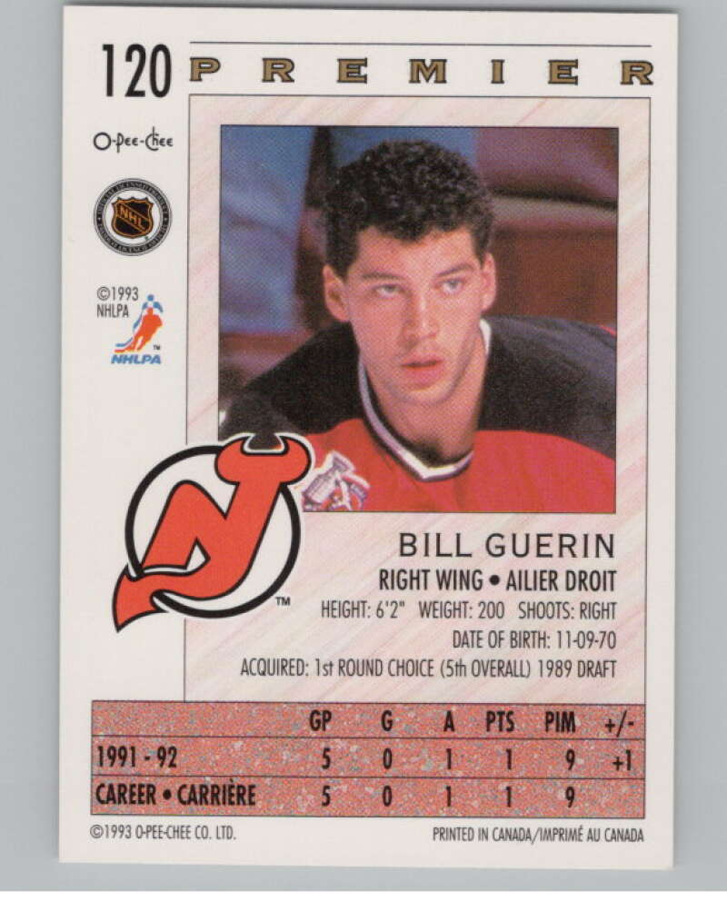 1992-93 OPC Premier #120 Bill Guerin  RC Rookie New Jersey Devils  V102837 Image 2