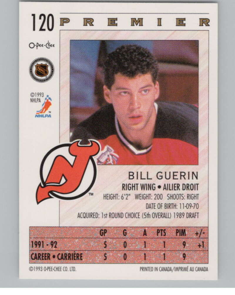 1992-93 OPC Premier #120 Bill Guerin  RC Rookie New Jersey Devils  V102839 Image 2