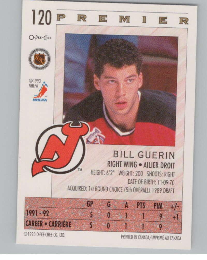 1992-93 OPC Premier #120 Bill Guerin  RC Rookie New Jersey Devils  V102840 Image 2