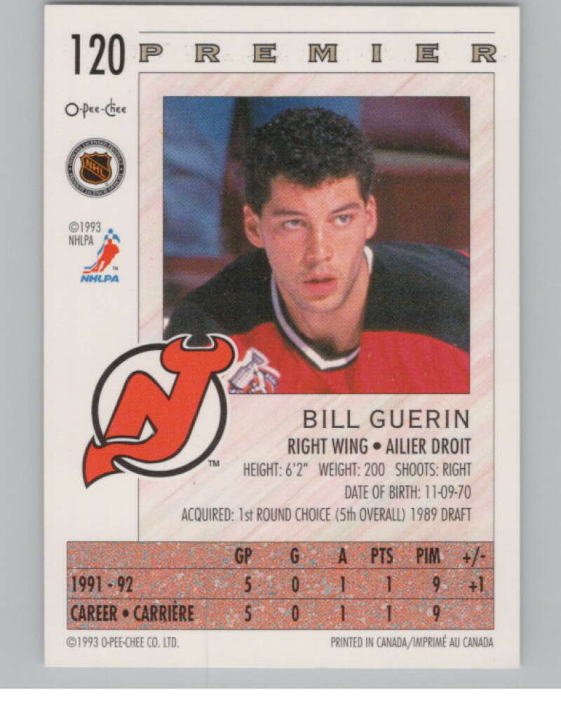 1992-93 OPC Premier #120 Bill Guerin  RC Rookie New Jersey Devils  V102841 Image 2