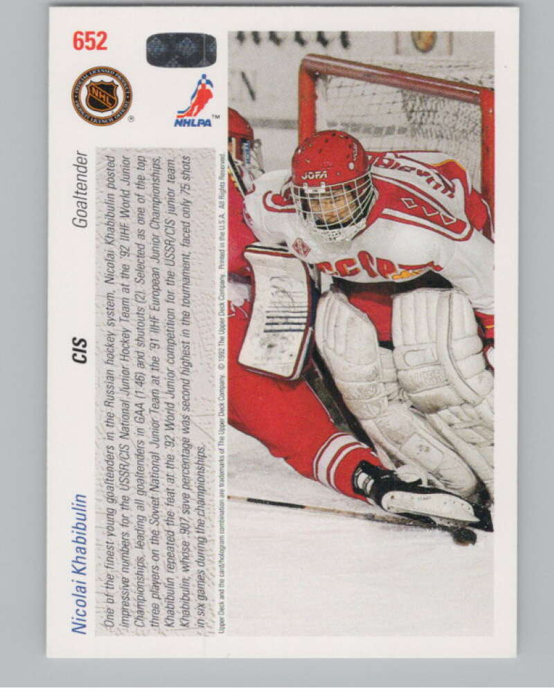 1991-92 Upper Deck #652 Nikolai Khabibulin  RC Rookie  V102849 Image 2