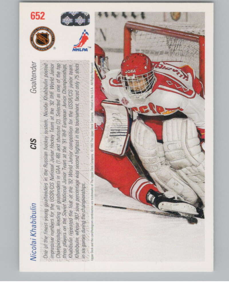 1991-92 Upper Deck #652 Nikolai Khabibulin  RC Rookie  V102850 Image 2