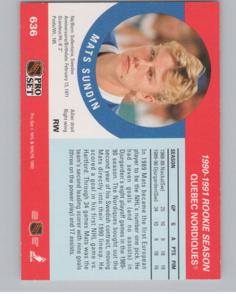 1990-91 Pro Set #636 Mats Sundin  RC Rookie Quebec Nordiques  V102880 Image 2