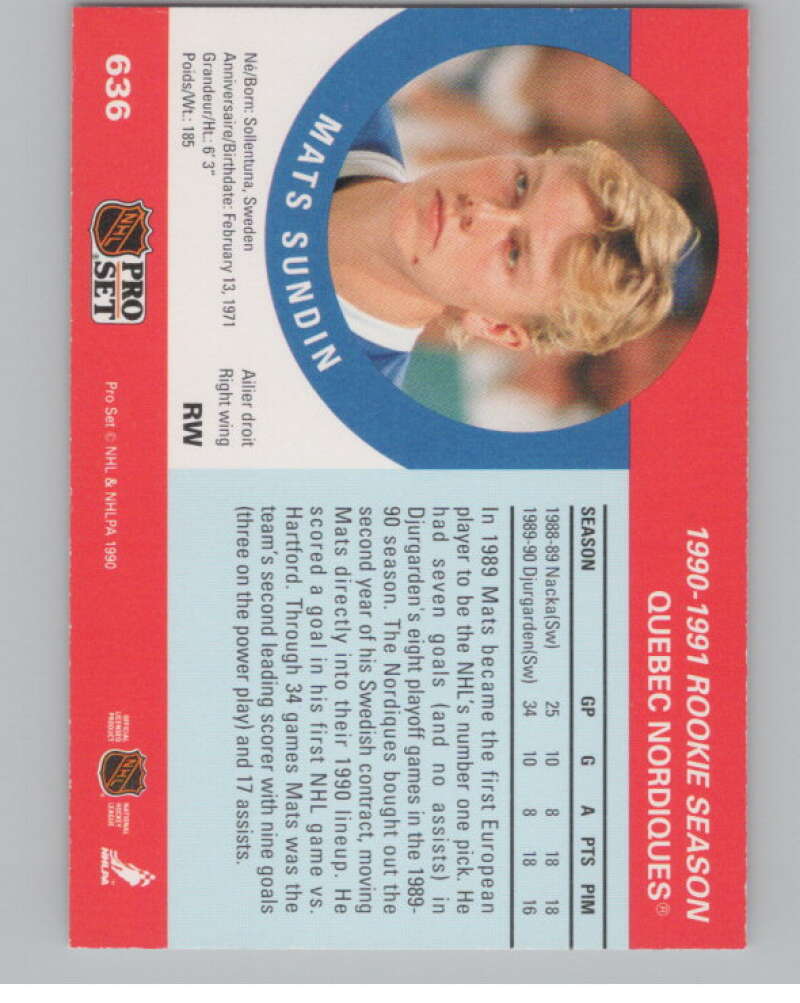 1990-91 Pro Set #636 Mats Sundin  RC Rookie Quebec Nordiques  V102881 Image 2