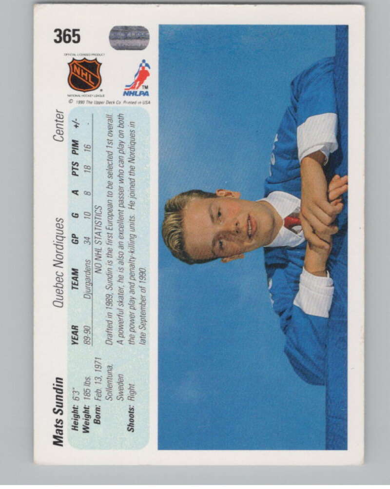 1990-91 Upper Deck French #365 Mats Sundin  RC Rookie Quebec Nordiques  V102883 Image 2